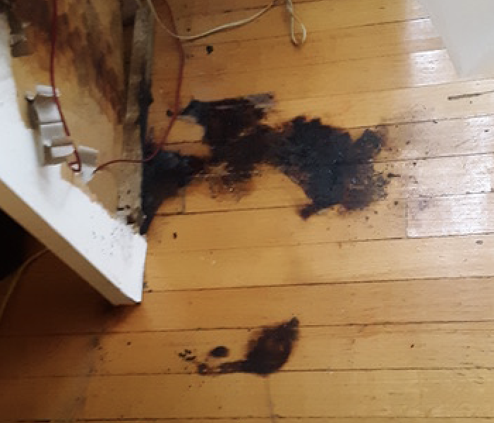 Wood flooring with black burn marks.